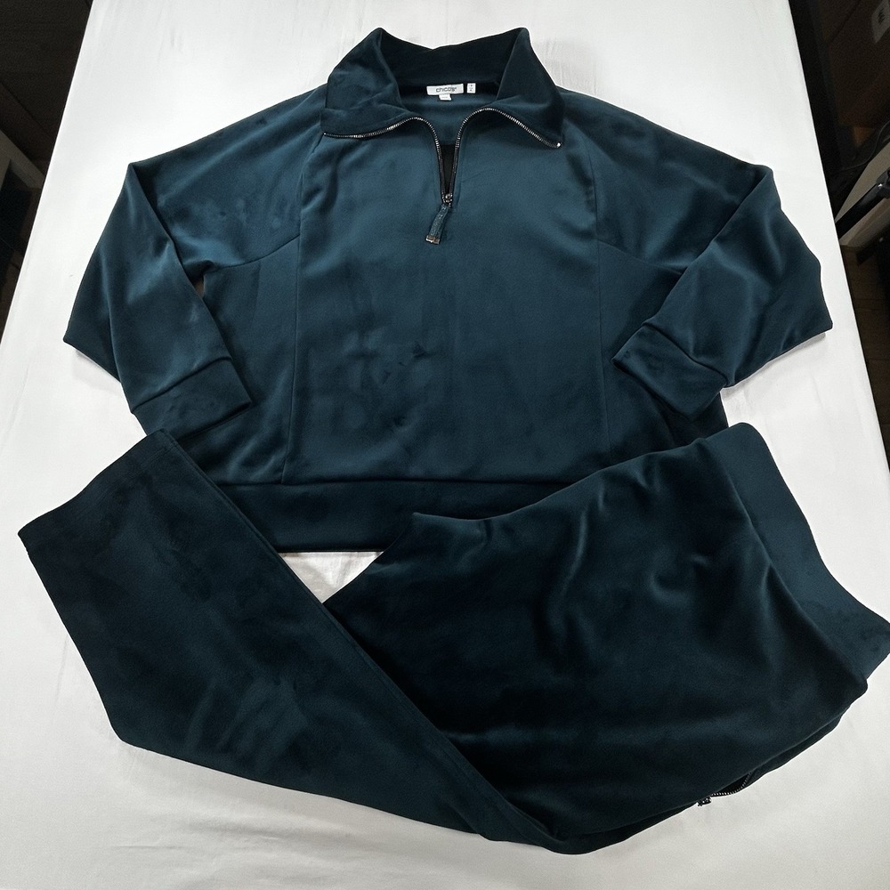 Chico's 3 Velour XL Green 1/4 Zip Sweater Top & Pants Set Leisure Active Wear
